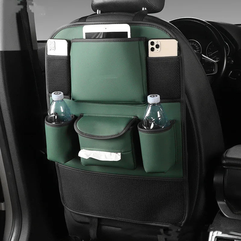 Leather car seat back storage bag in black, grey, green, and brown colour options