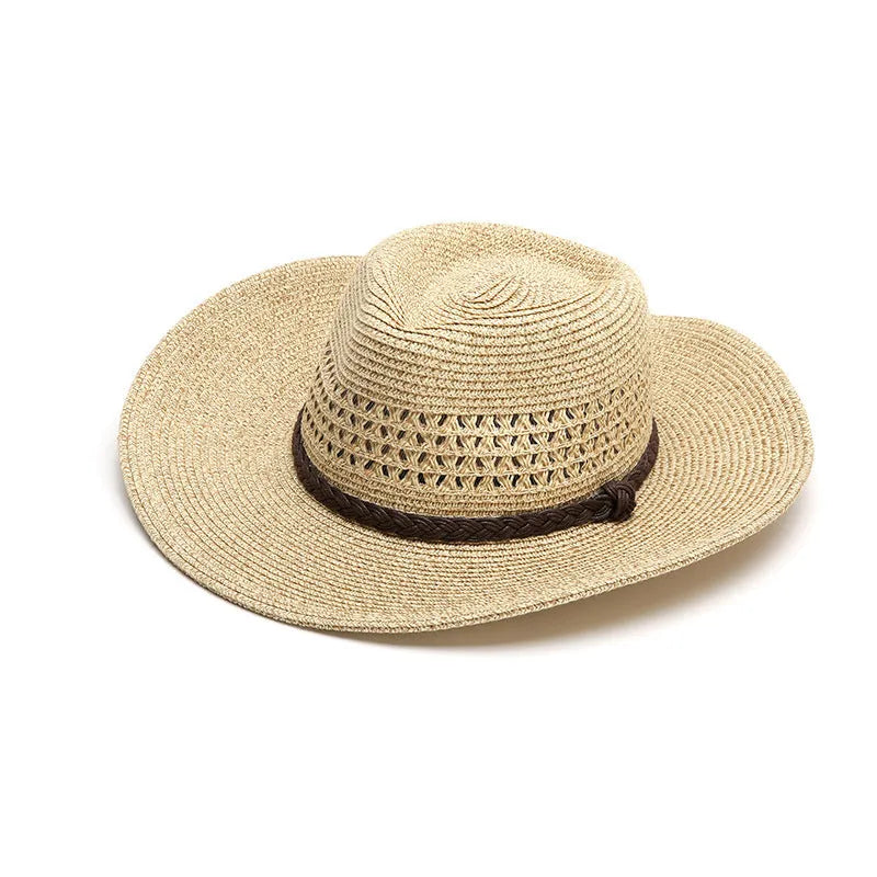 Men's foldable straw sun hat with wide brim in beige colour shown from side view