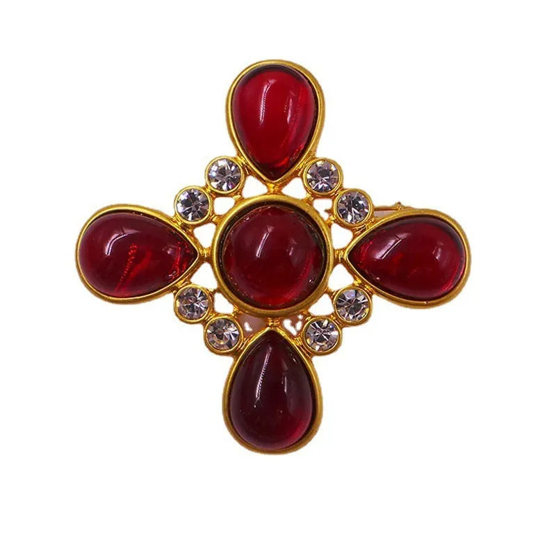 Medieval baroque cross crystal brooch in zinc alloy with vintage styling