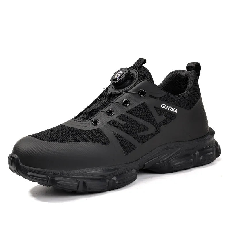 Black lightweight safety shoes with flyknit fabric upper and a visible steel toe cap profile.
