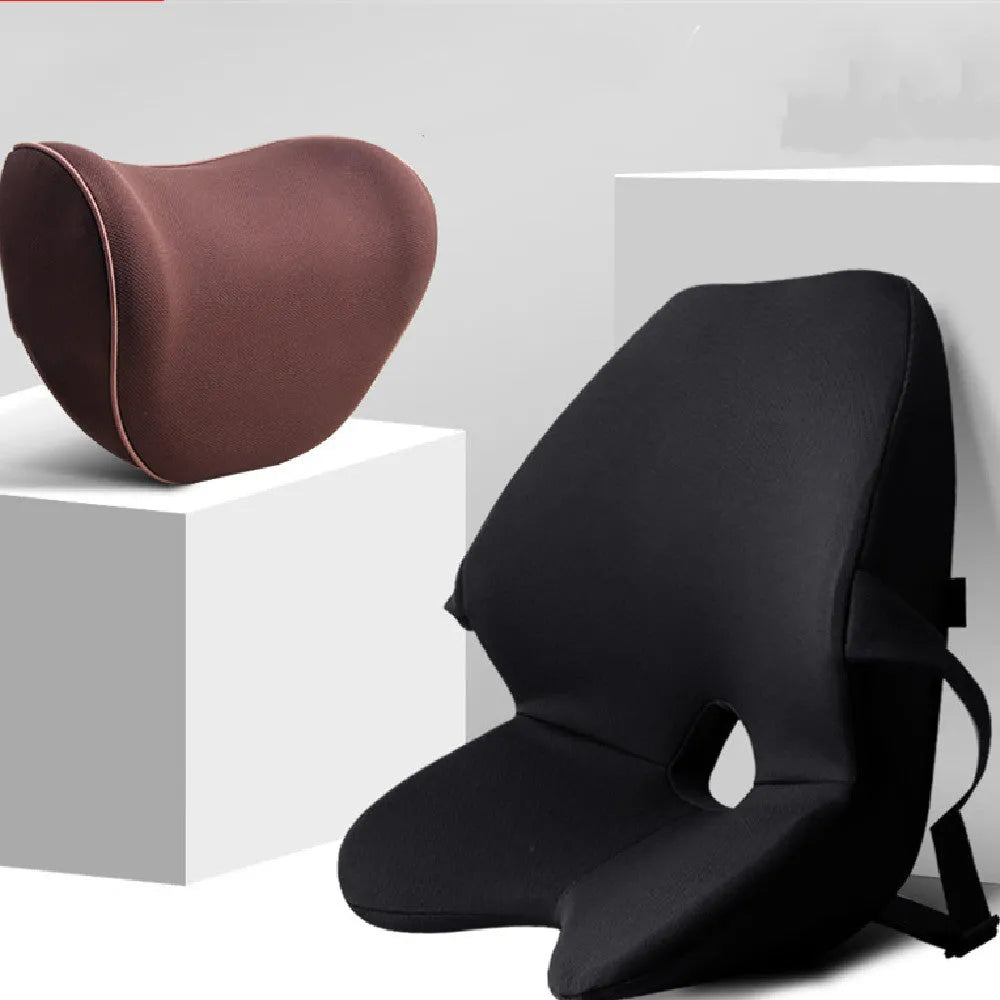 Memory foam car waist support cushion in beige colour, shown alongside optional matching headrest.
