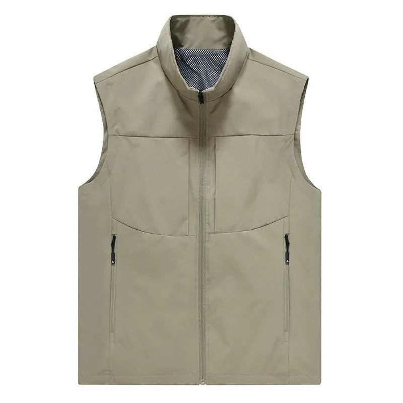 Men's khaki stand collar vest cardigan with zip pockets for outdoor leisure wear