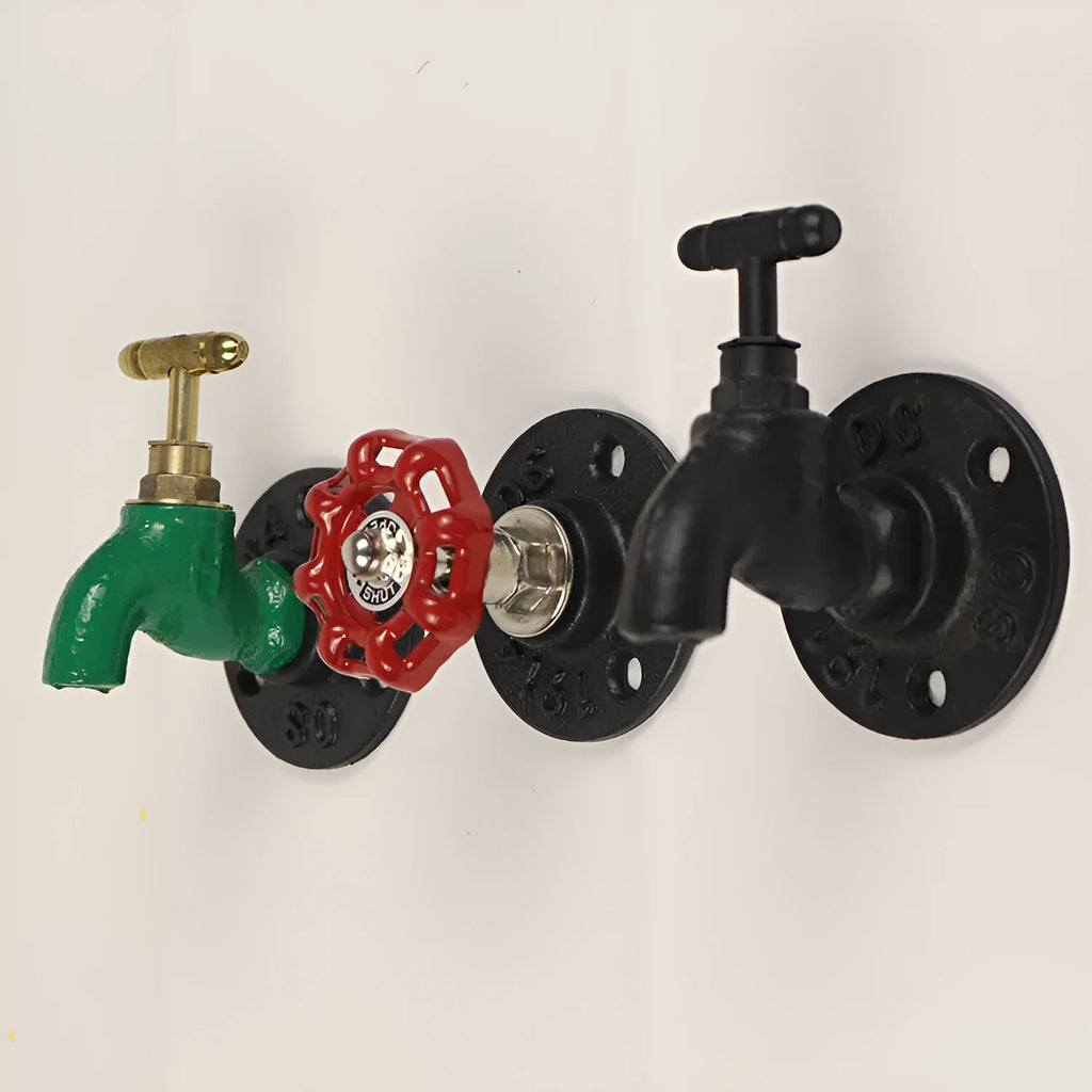 Water pipe style metal towel rack hook in black, green, or red on a white wall
