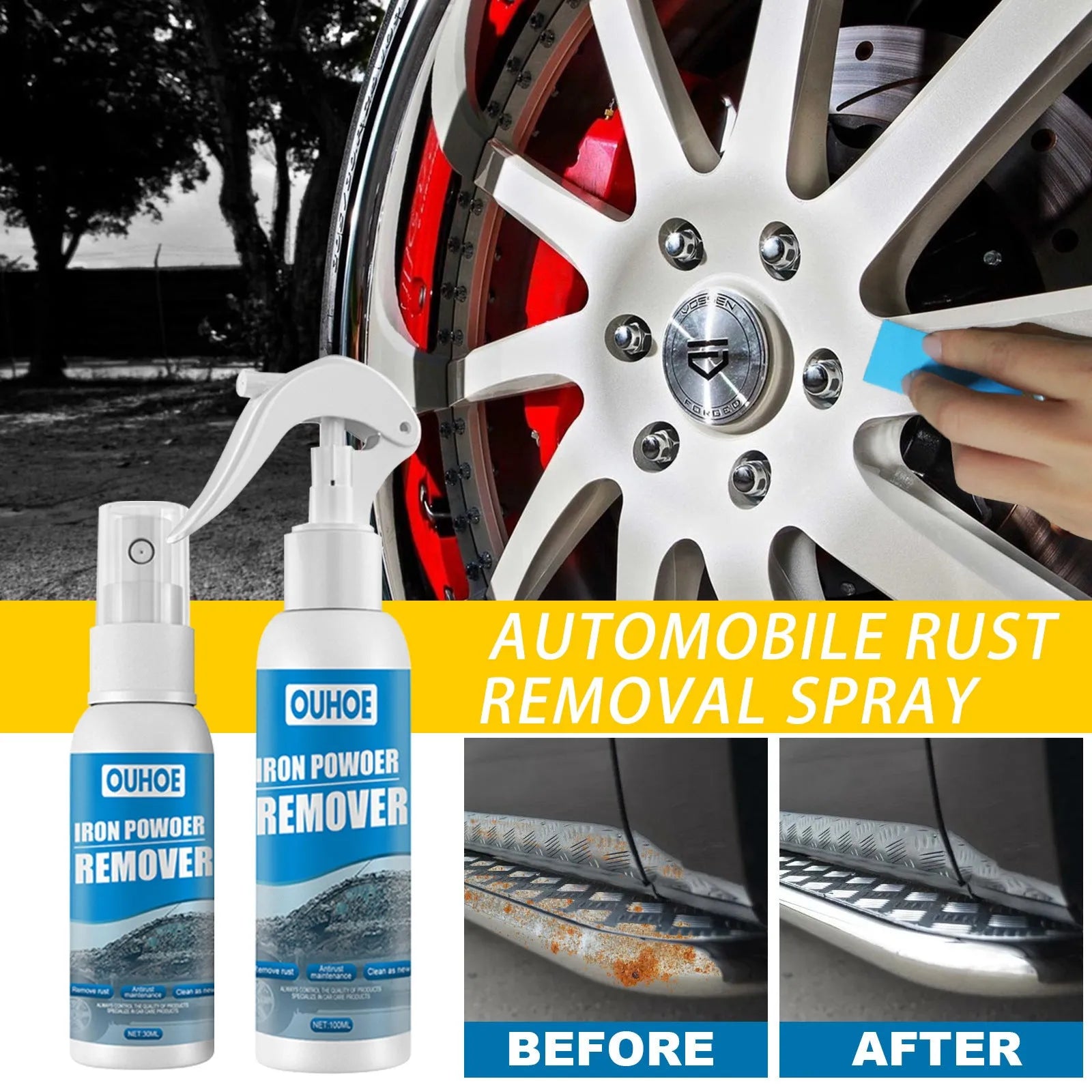 Automotive iron powder rust remover spray bottle with blue square sponge and towel application options.