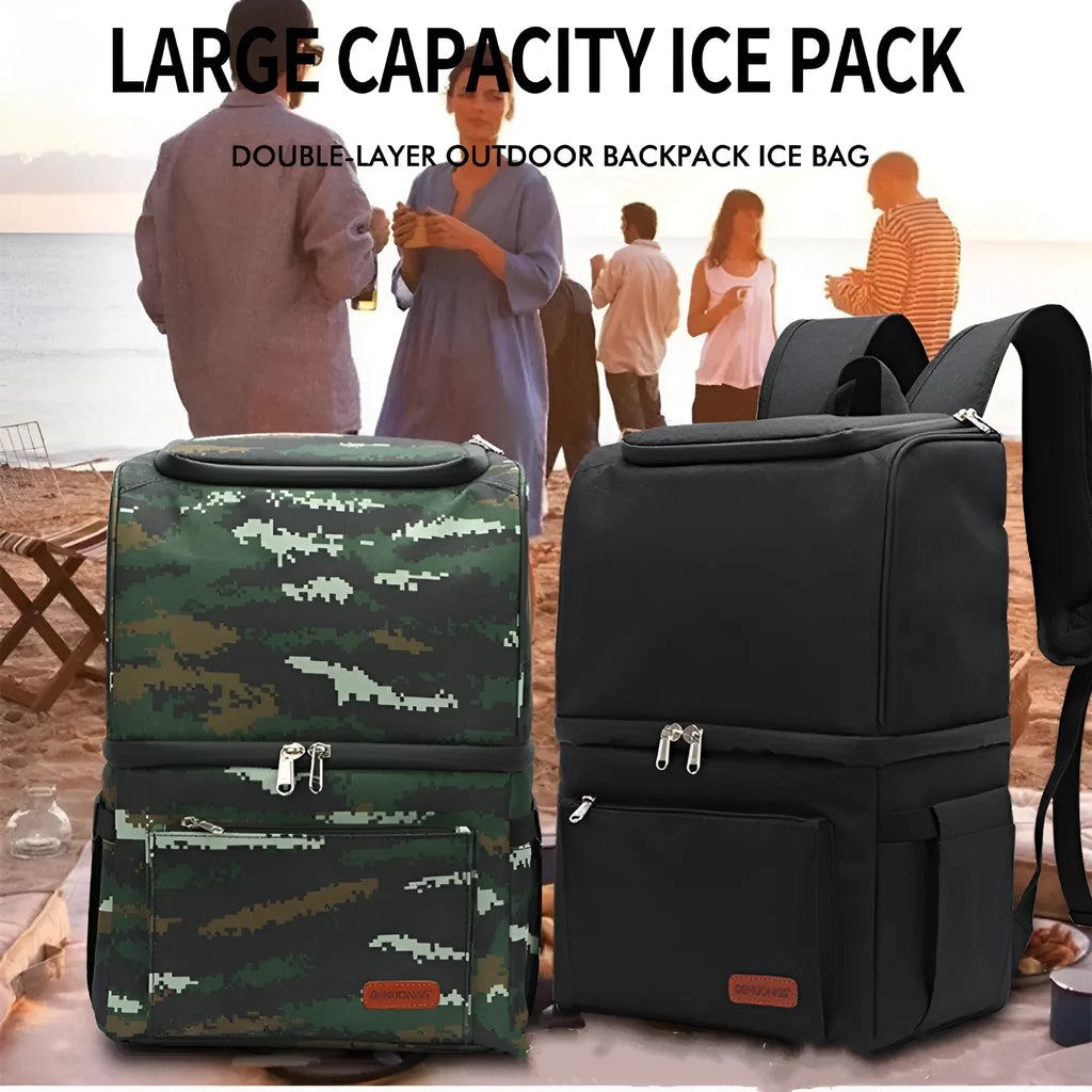Blue insulated waterproof picnic backpack with 22L capacity and ice pack compartments