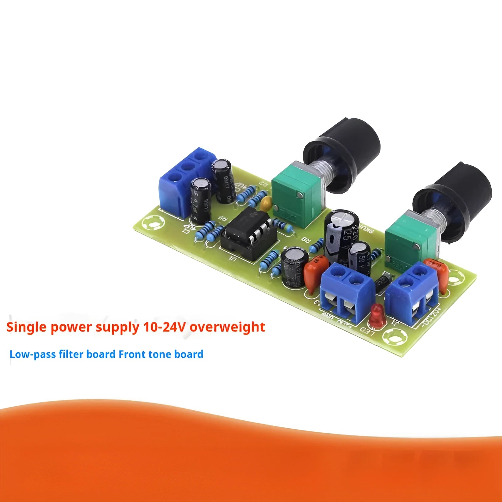 Single power supply 10-24V bass boost front board on FR-4 fibreglass PCB with mounting holes