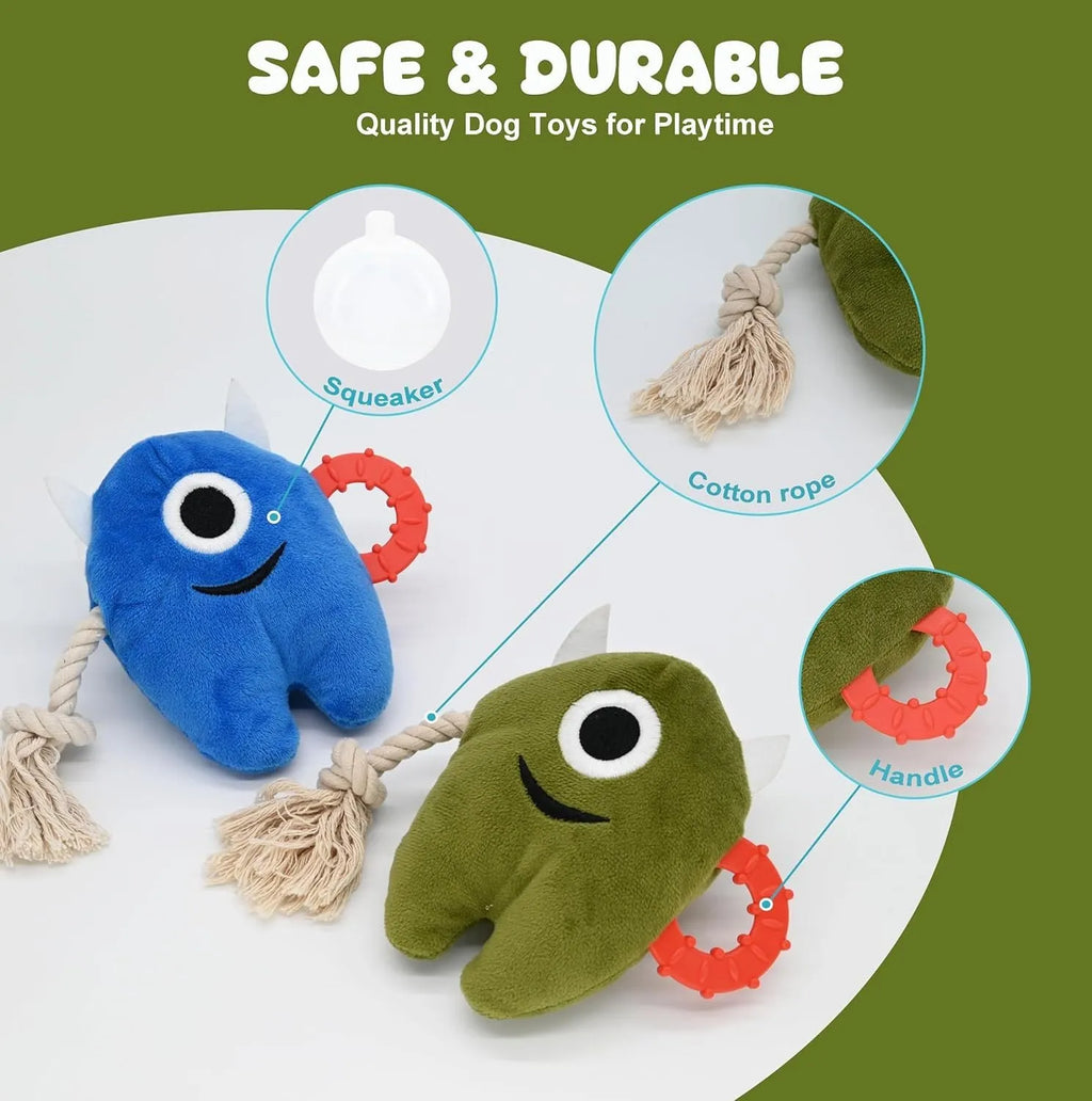 Blue and green plush dog toy with integrated cotton rope sections and a squeaker inside