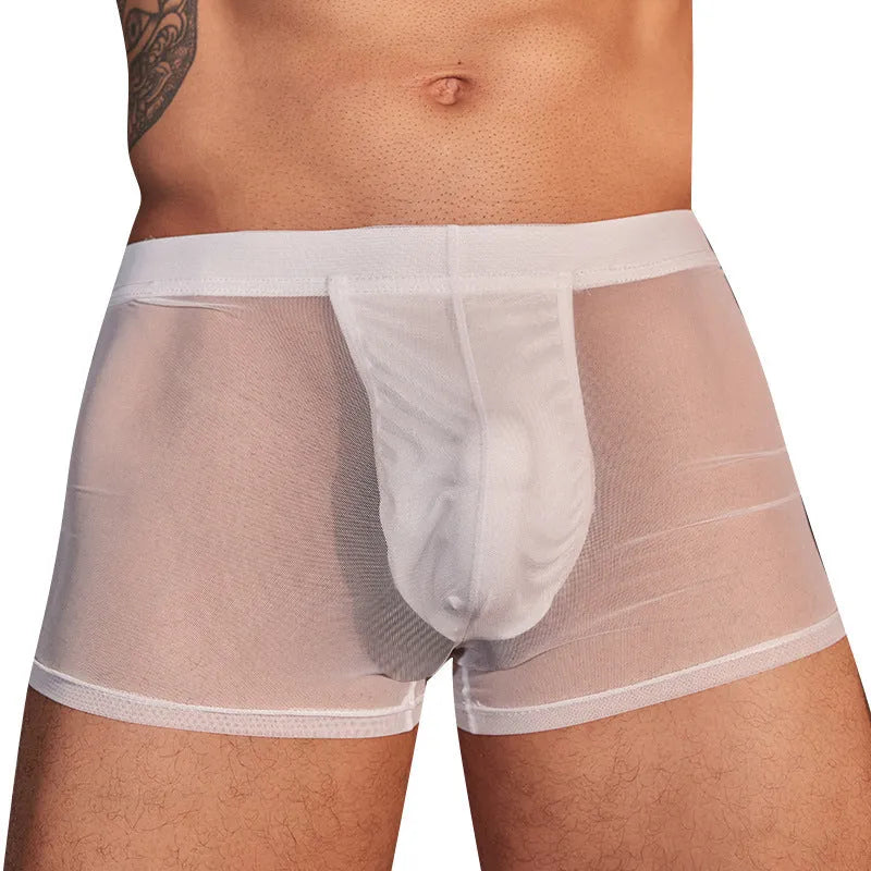 Men's black nylon boxer briefs laid flat, showing low-rise waistband and leg openings.