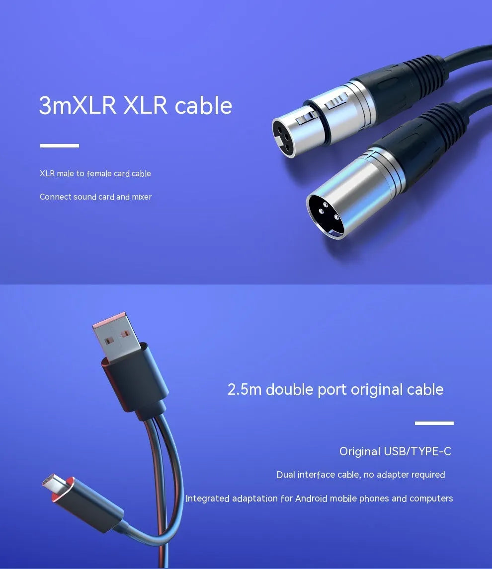 Dynamic cardioid microphone in black with USB-C cable, XLR cable, and adjustable desktop stand