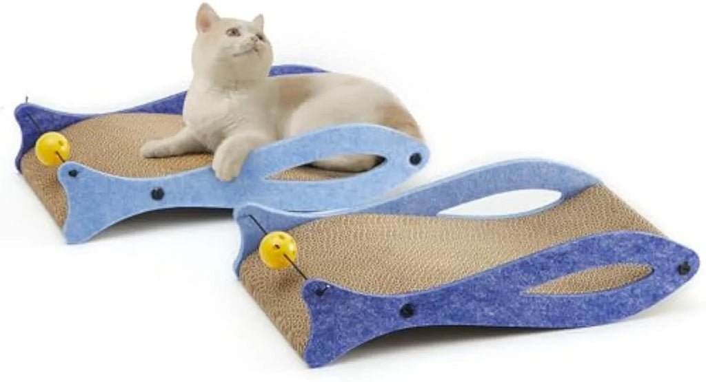 Blue fish-shaped cardboard cat scratcher lounge with bell ball toys on an elastic cord.