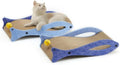 Blue fish-shaped cardboard cat scratcher lounge with bell ball toys on an elastic cord.