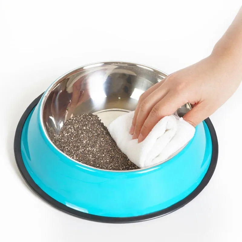 Stainless steel pet bowl with colourful melamine pot and non-slip rubber base