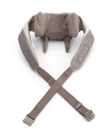 Creamy white rechargeable shoulder and neck massager with infrared physiotherapy function and USB charging cable