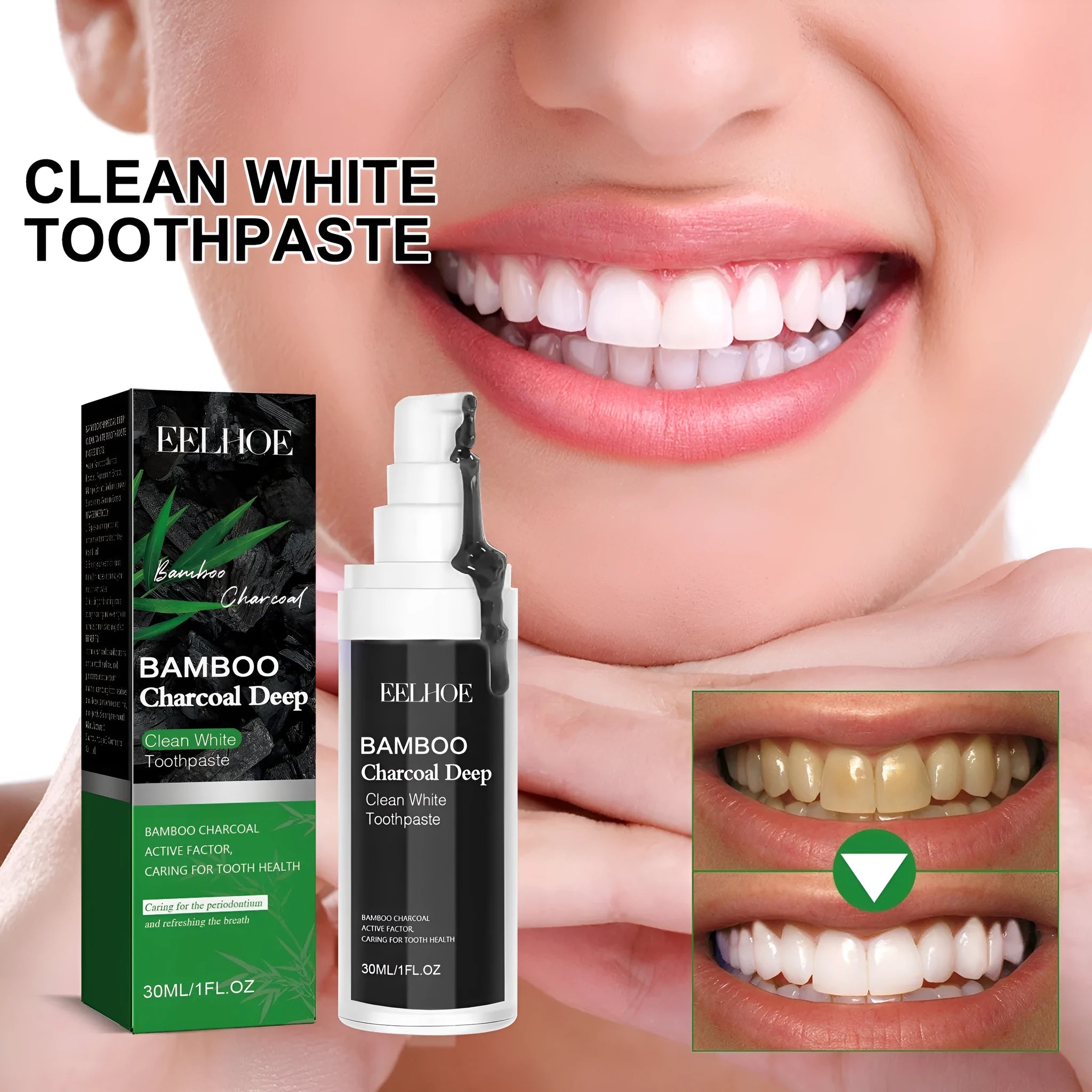 Bamboo charcoal bright white toothpaste in 30ml tube for stain removal and teeth whitening