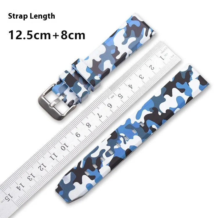 Camouflage pattern silicone watch strap showing flat head universal design with width measurement options