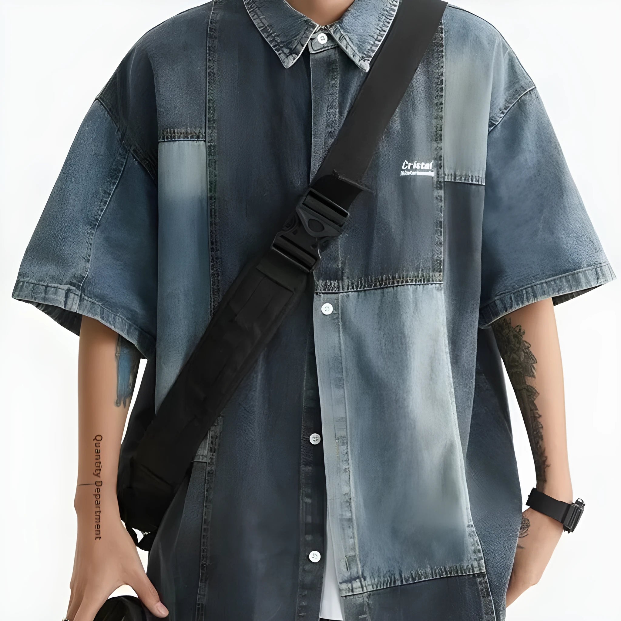 Blue Japanese-style retro denim shirt with washed stitching details, loose cardigan fit