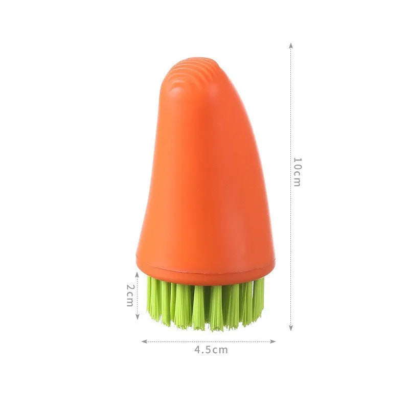Carrot-shaped orange and white kitchen cleaning brush with nylon bristles