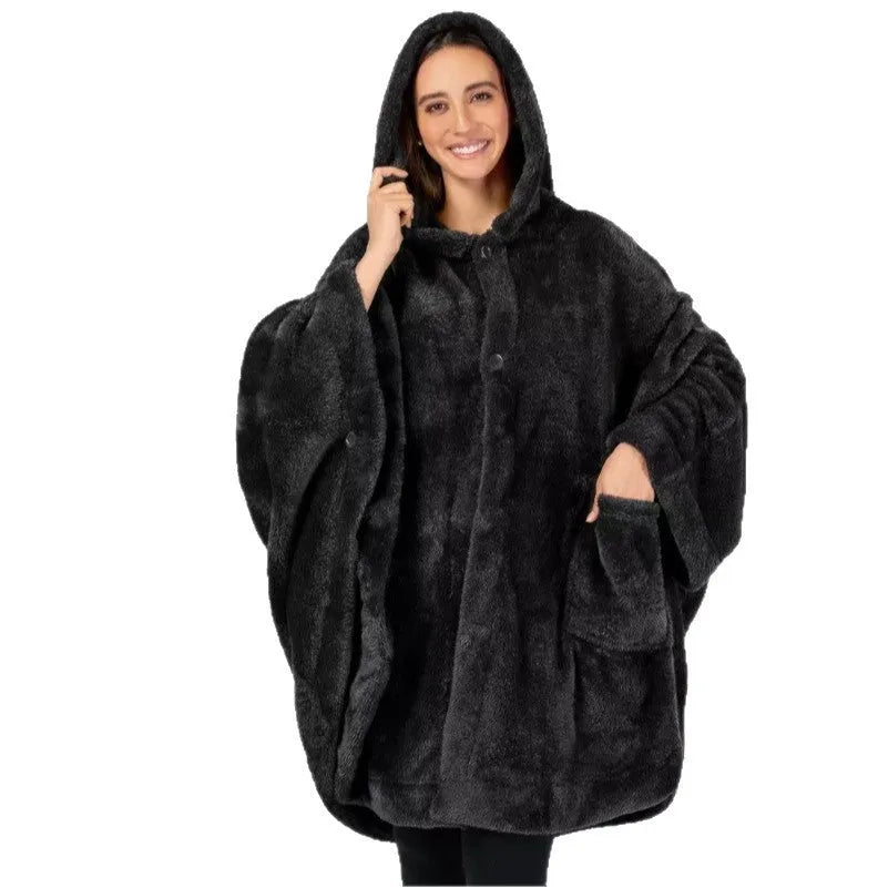 A thick black hooded bathrobe cardigan with long sleeves, shown hanging.