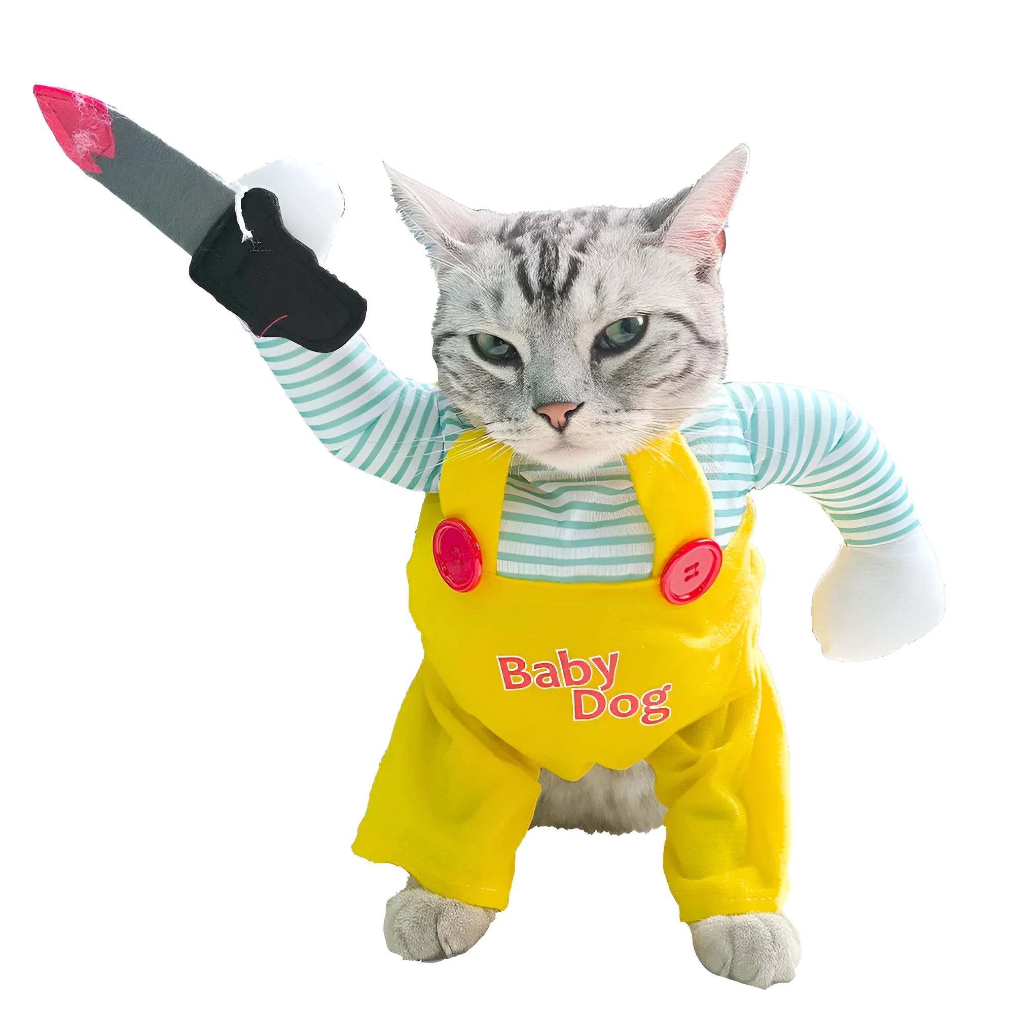 Yellow knife assassin costume clothing for cats on pet model showing design details