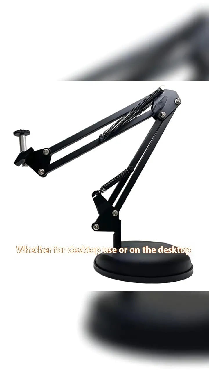 Black foldable desktop cantilever bracket with adjustable arm holding tablet