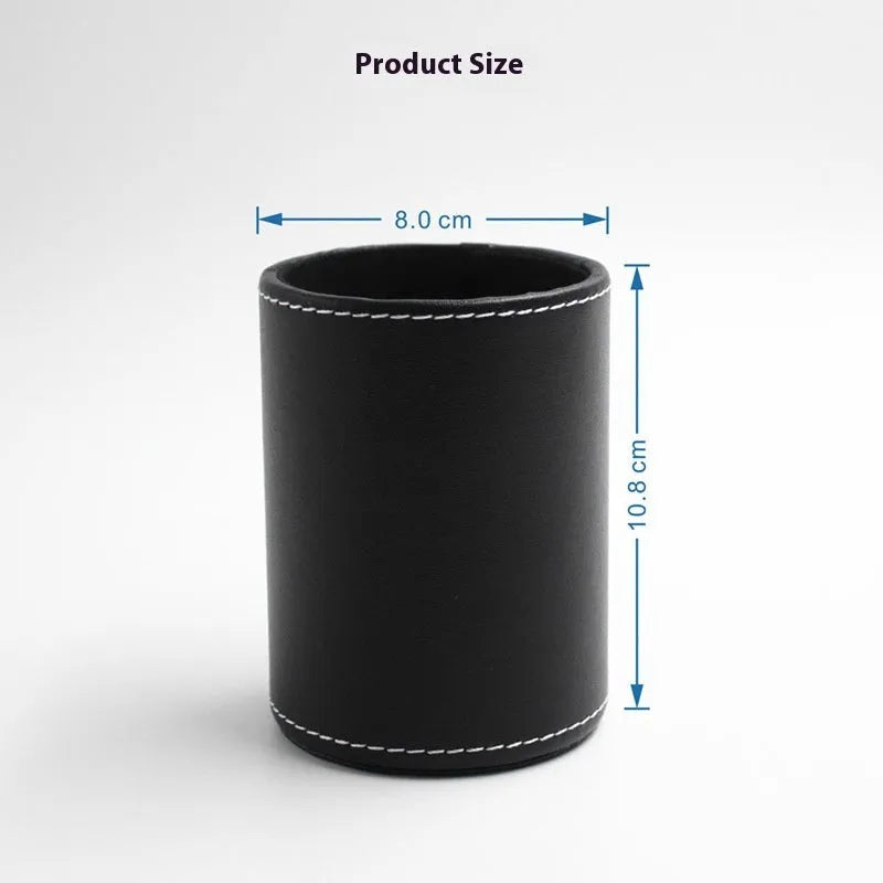 Round black leather pen holder container showing cylindrical shape and compact dimensions