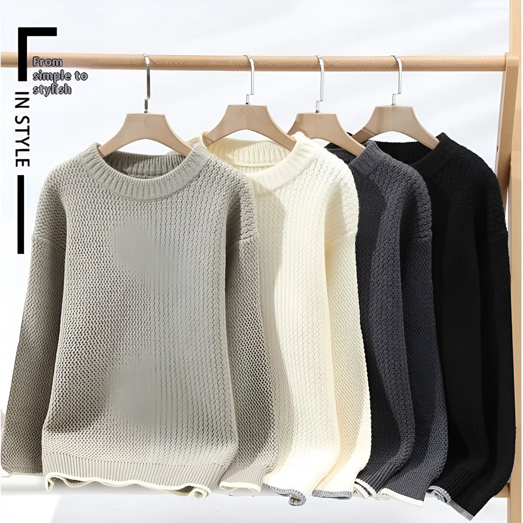 Men's grey casual pullover sweater with round neck and long sleeves for autumn wear