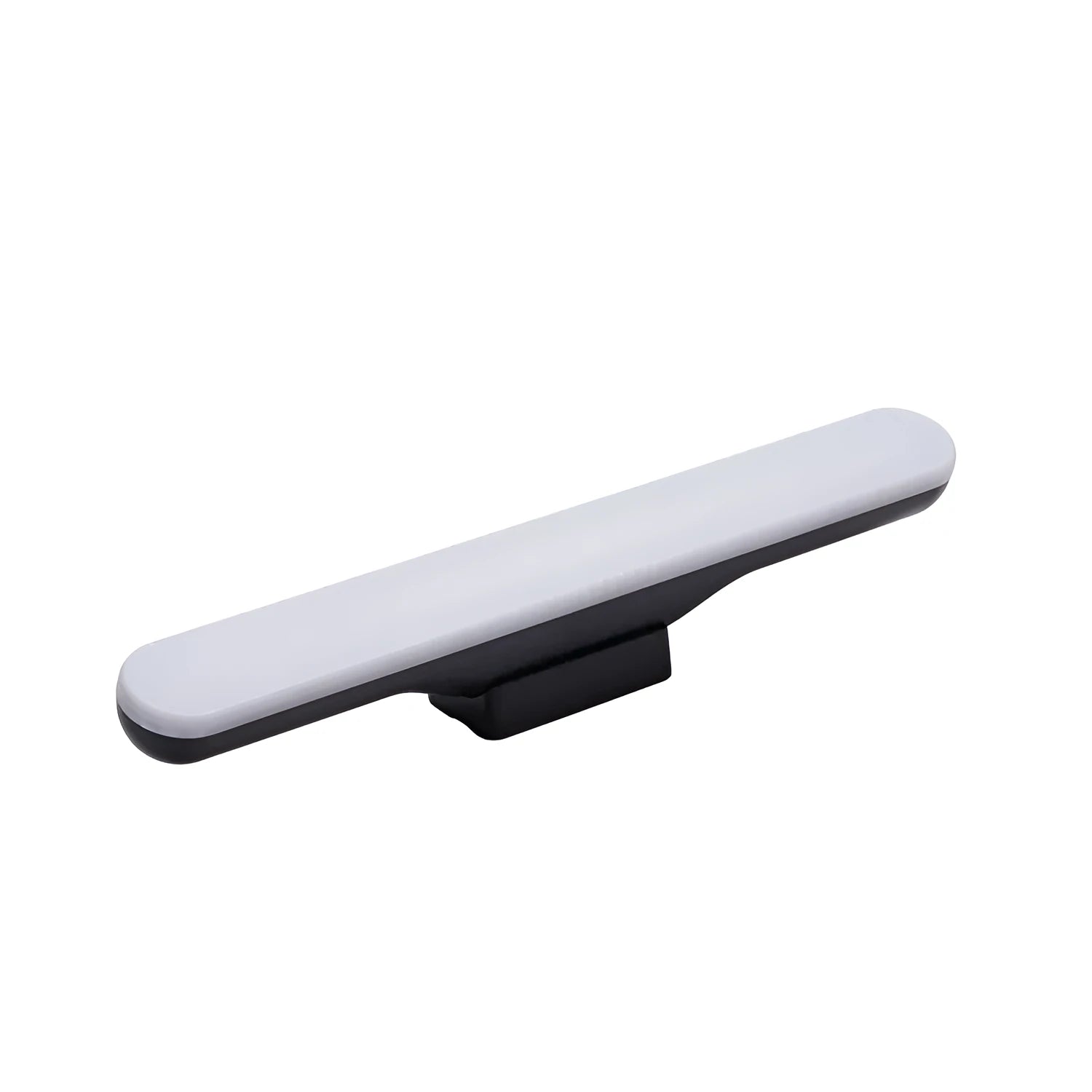 Modern white plastic rechargeable desk lamp with touch-sensitive base for dimming control on a wooden desk.