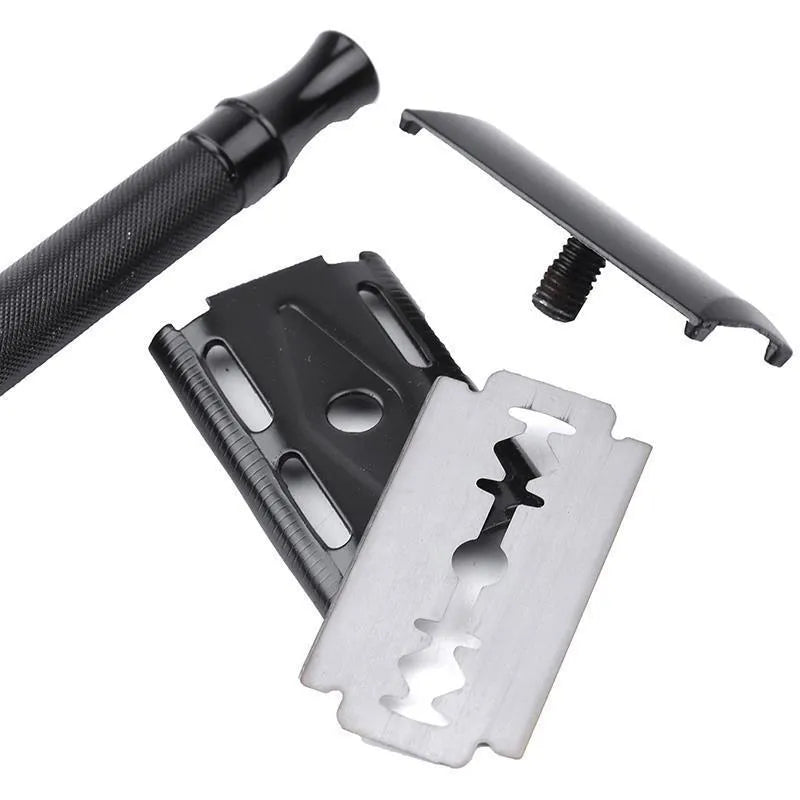Manual shaving razor set with metal scraper and brush in black or silver finish for traditional wet shaving