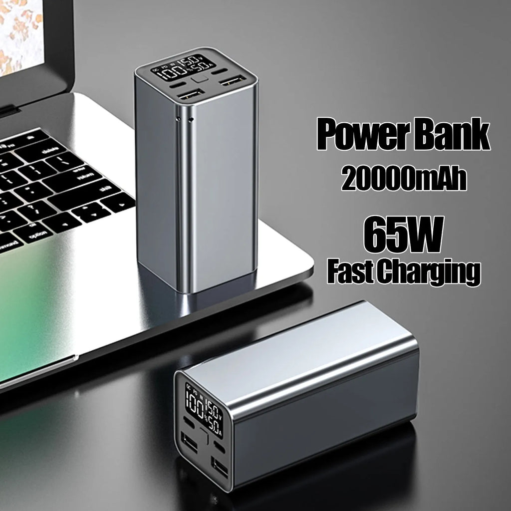 High power laptop charging bank with metal casing showing black, blue, and grey colour options