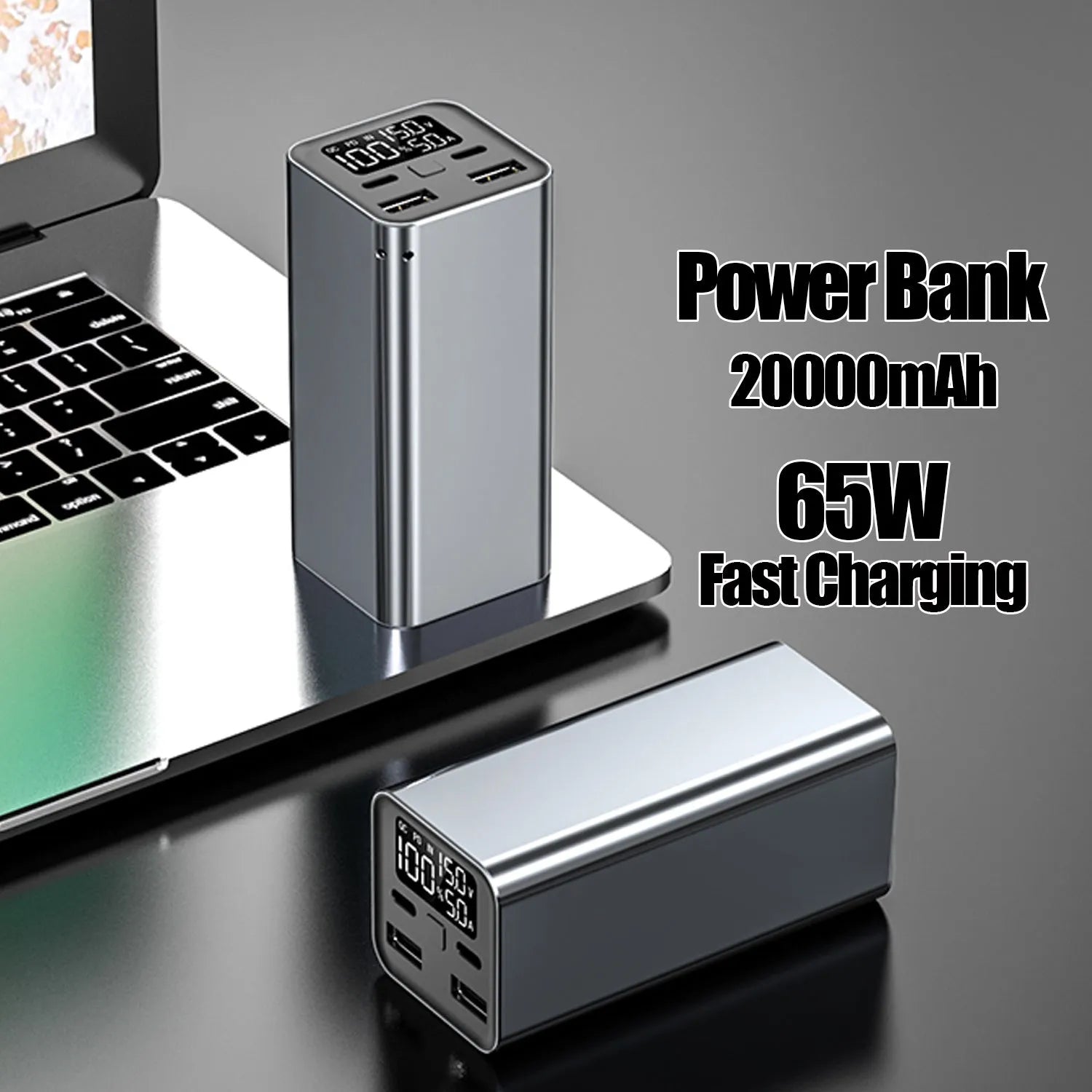 High power laptop charging bank with metal casing showing black, blue, and grey colour options