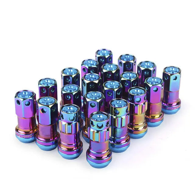 Set of aluminium alloy flat head wheel hub nuts in various colours including red, gold, blue, purple, and black.