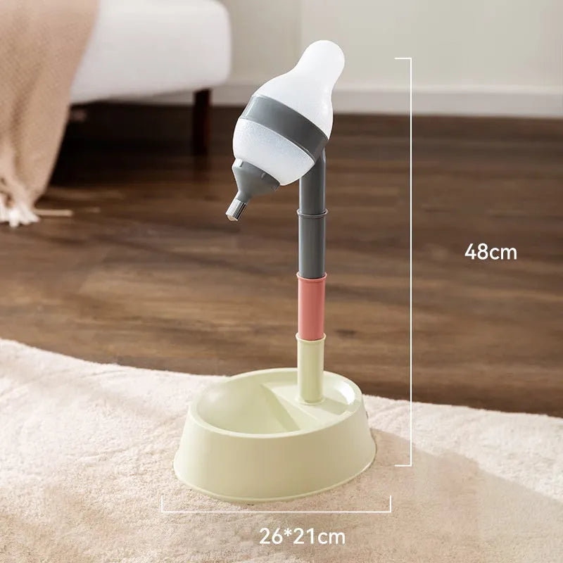 Green height-adjustable pet standing water dispenser with a detachable pole and bowl on a stable base.