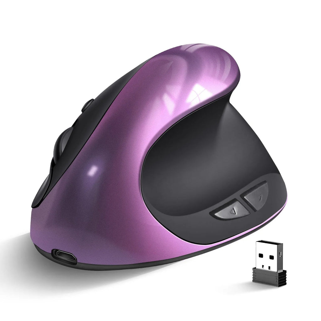 Vertical wireless charging ergonomic mouse in multiple colours including black, blue, purple, red and gray