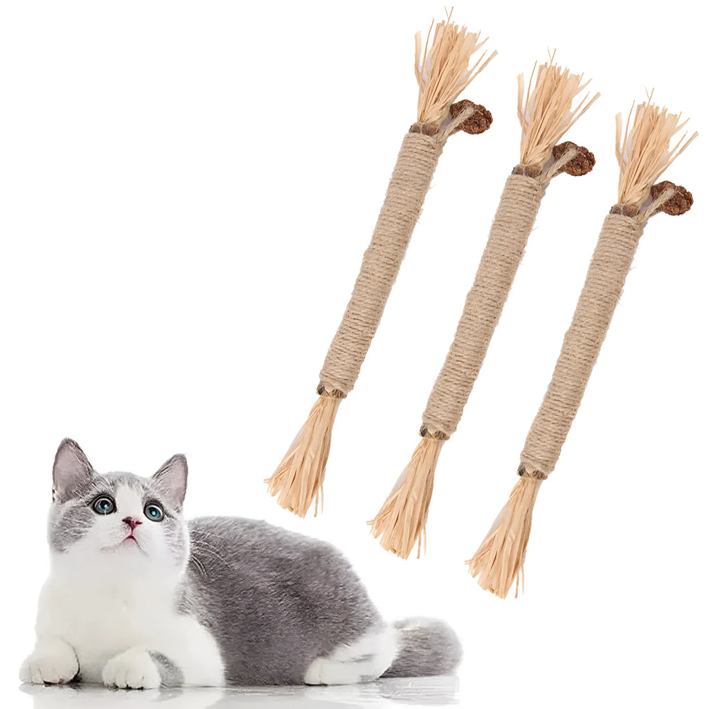 3-pack of natural silvervine chew sticks for cats with sisal rope, showing thick and fine diameter options.