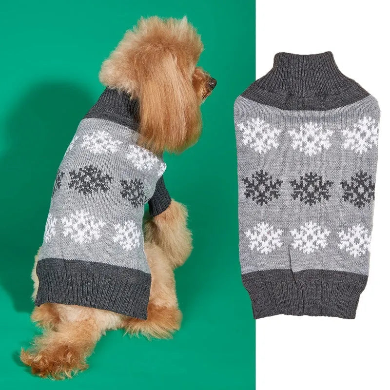 Grey and dark brown dog sweater with snowflake pattern for Christmas and winter wear