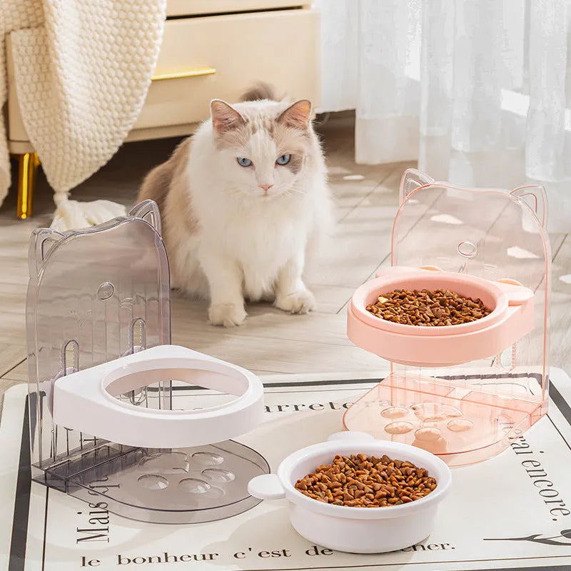 Grey or pink cat ear pet feeding bowl with anti-spill rim and adjustable height mechanism