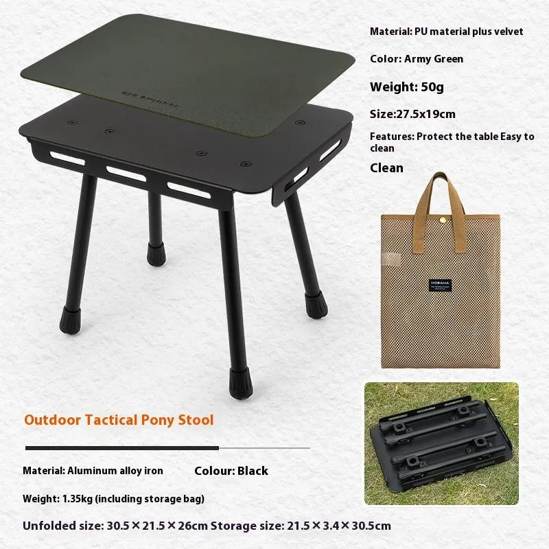 CLS aluminium folding camping stool with PU mat cushion, shown converted into a small side table.