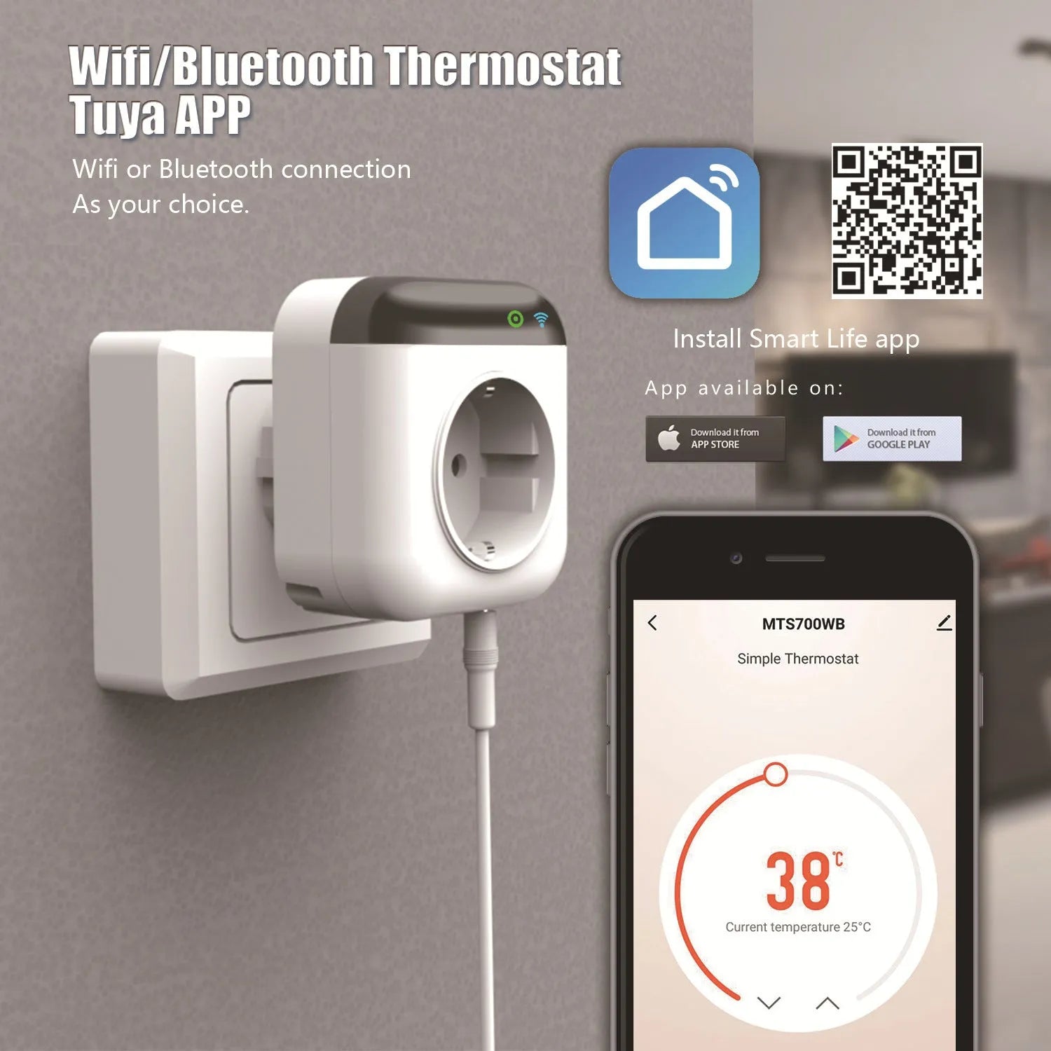 White Tuya WiFi smart temperature control socket with US 3-pin outlet and temperature sensor probe
