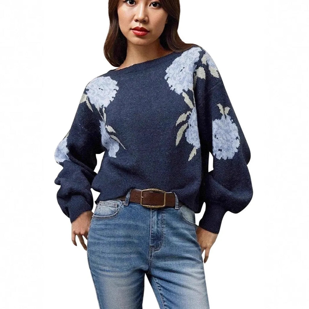 Sapphire Blue women's floral jacquard pullover with loose casual streetwear style