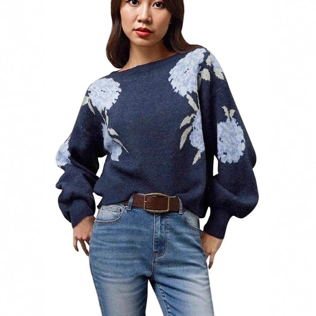 Sapphire Blue women's floral jacquard pullover with loose casual streetwear style