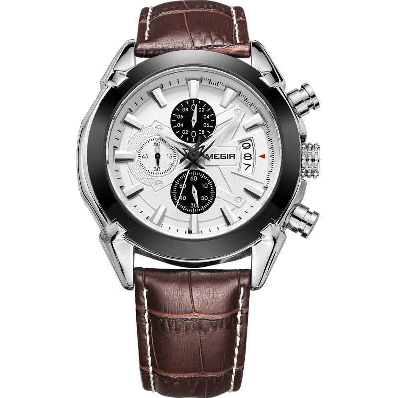 Men's analogue chronograph watch with three sub-dials and luminous markers on black or brown face