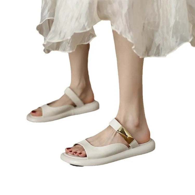 Women's apricot peep toe flat platform sandals made from French soft leather with a rubber sole.