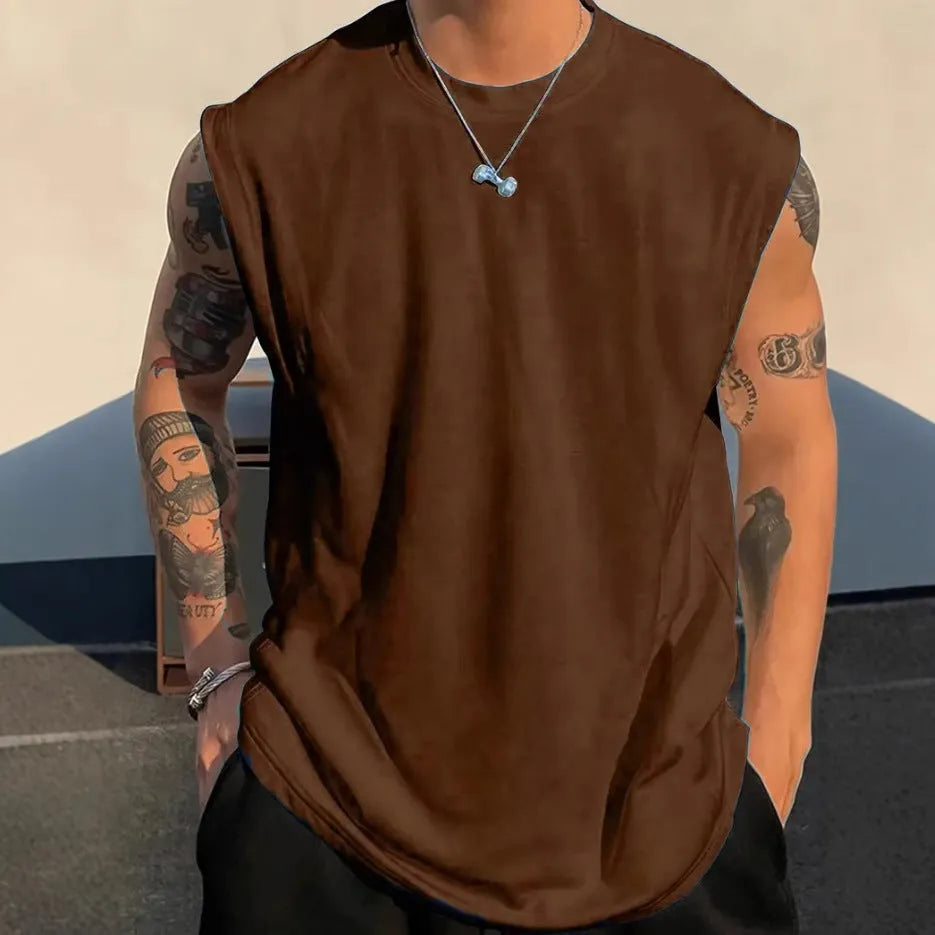 Men's loose fit cotton sleeveless tank top in solid colours showing front view