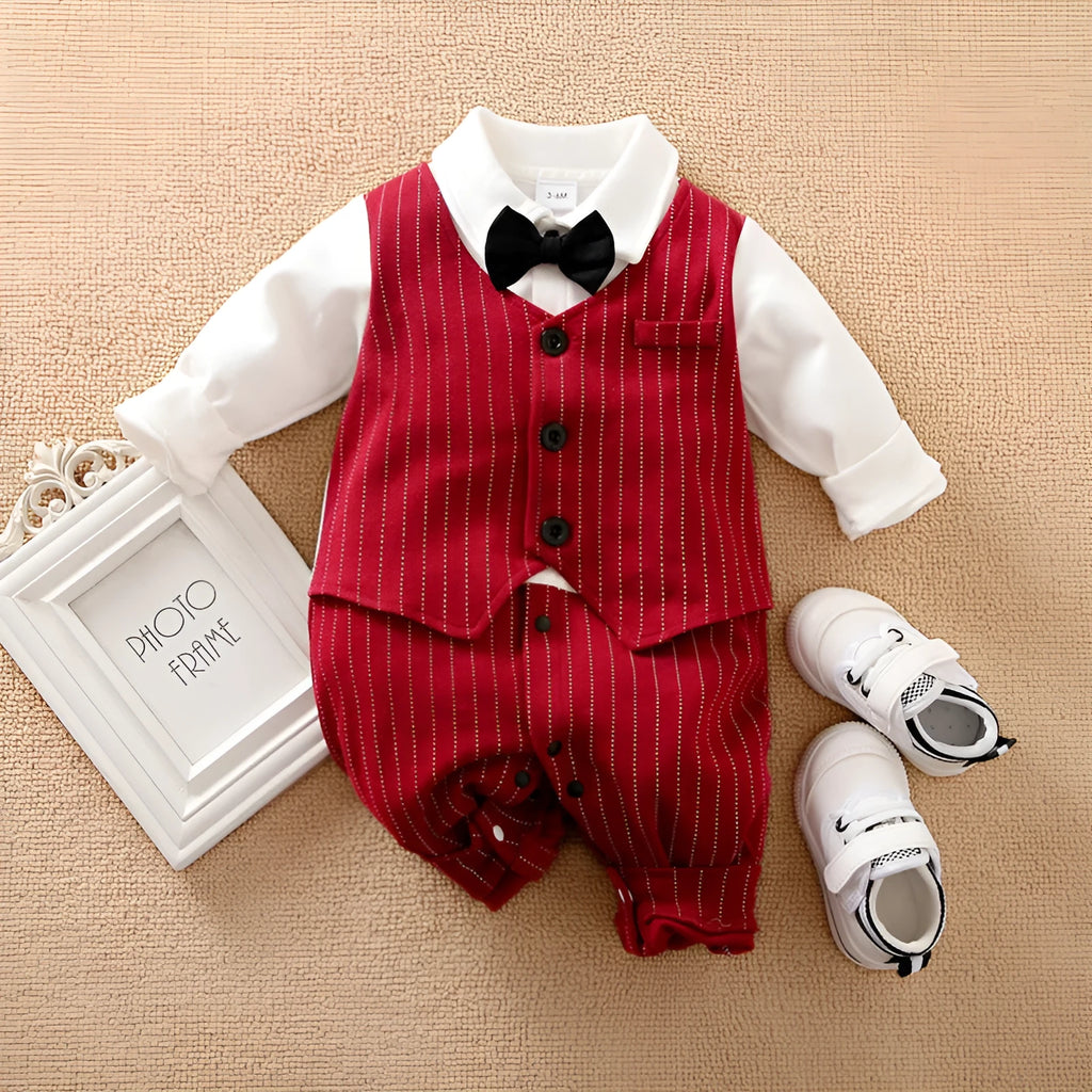 Wine red cotton baby boy romper with long sleeves and single-breasted closure.