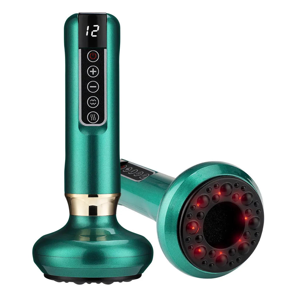Green electric vacuum cupping massager with gua sha head on a white background.