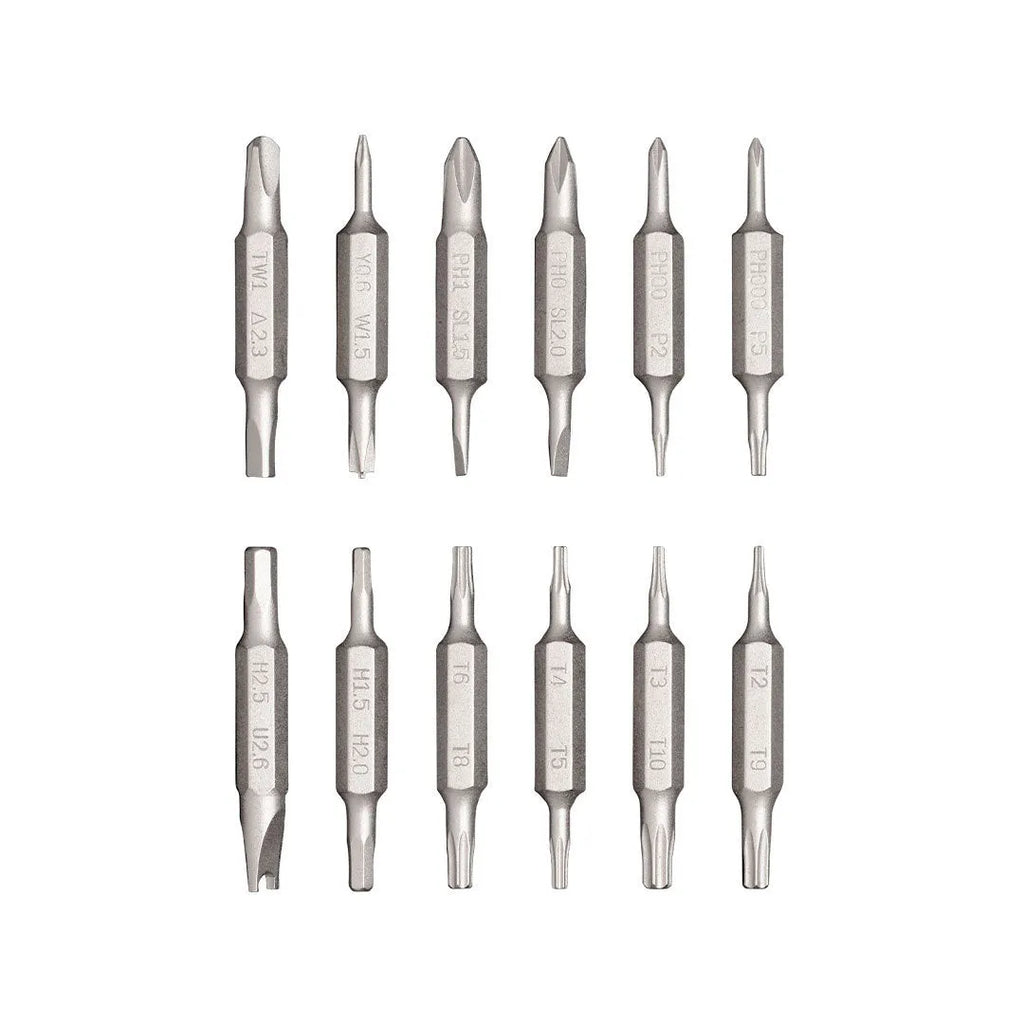 Black, green, or red 24-in-1 aluminium repair screwdriver set with magnetic bit storage.