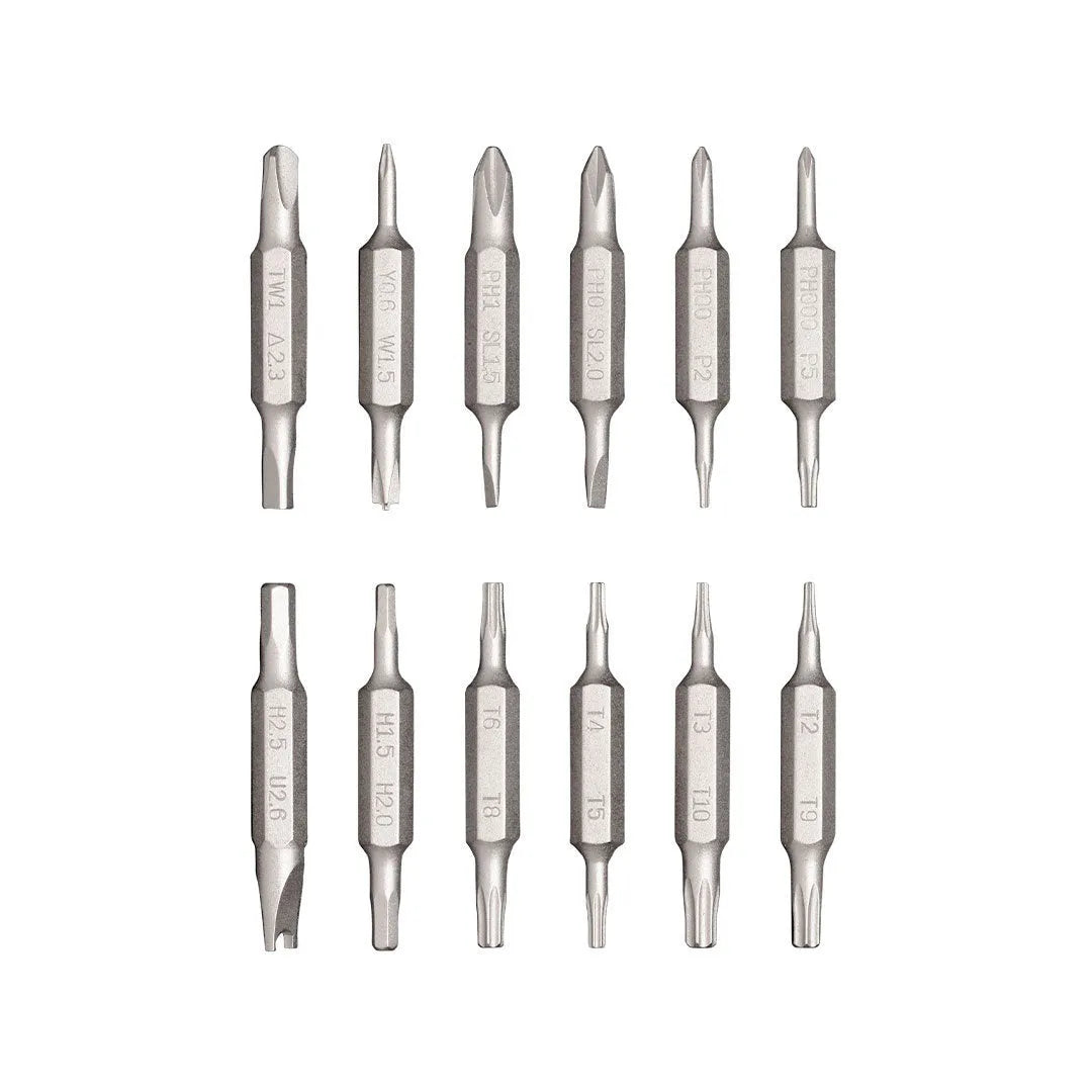 Black, green, or red 24-in-1 aluminium repair screwdriver set with magnetic bit storage.