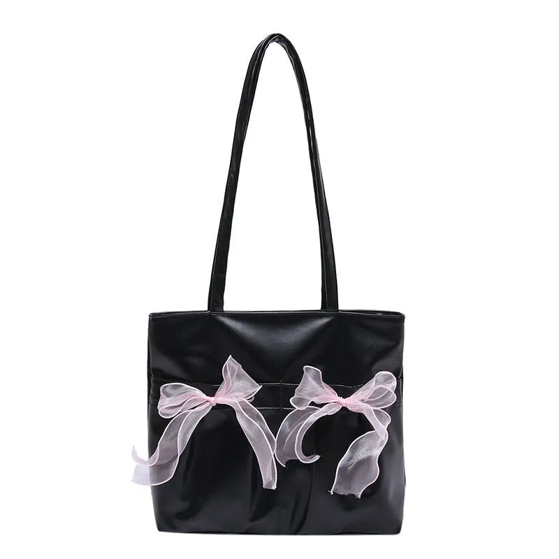 Black college style bow tote bag with large capacity and zipped internal compartments