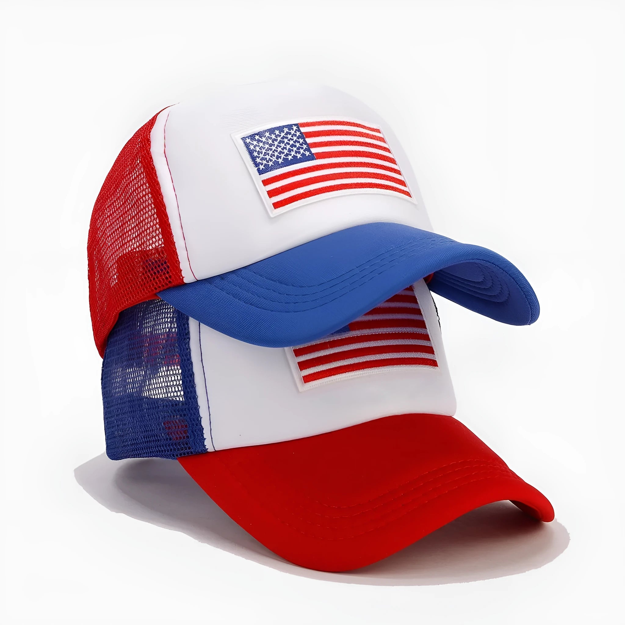 Red and blue contrast mesh baseball cap with adjustable strap on a dome crown.