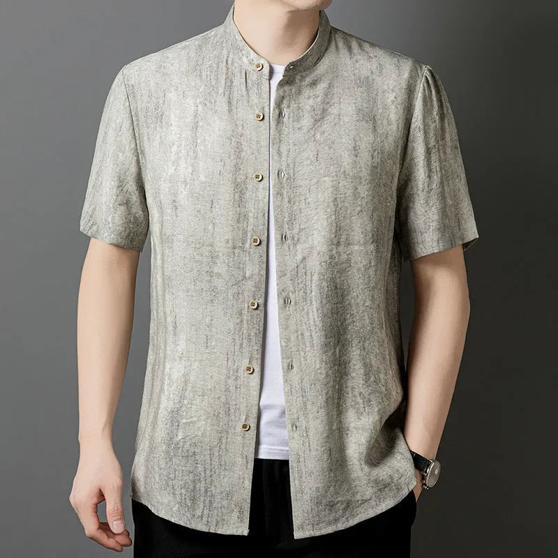 Men's loose fit linen blend shirt with stand collar in neutral colours